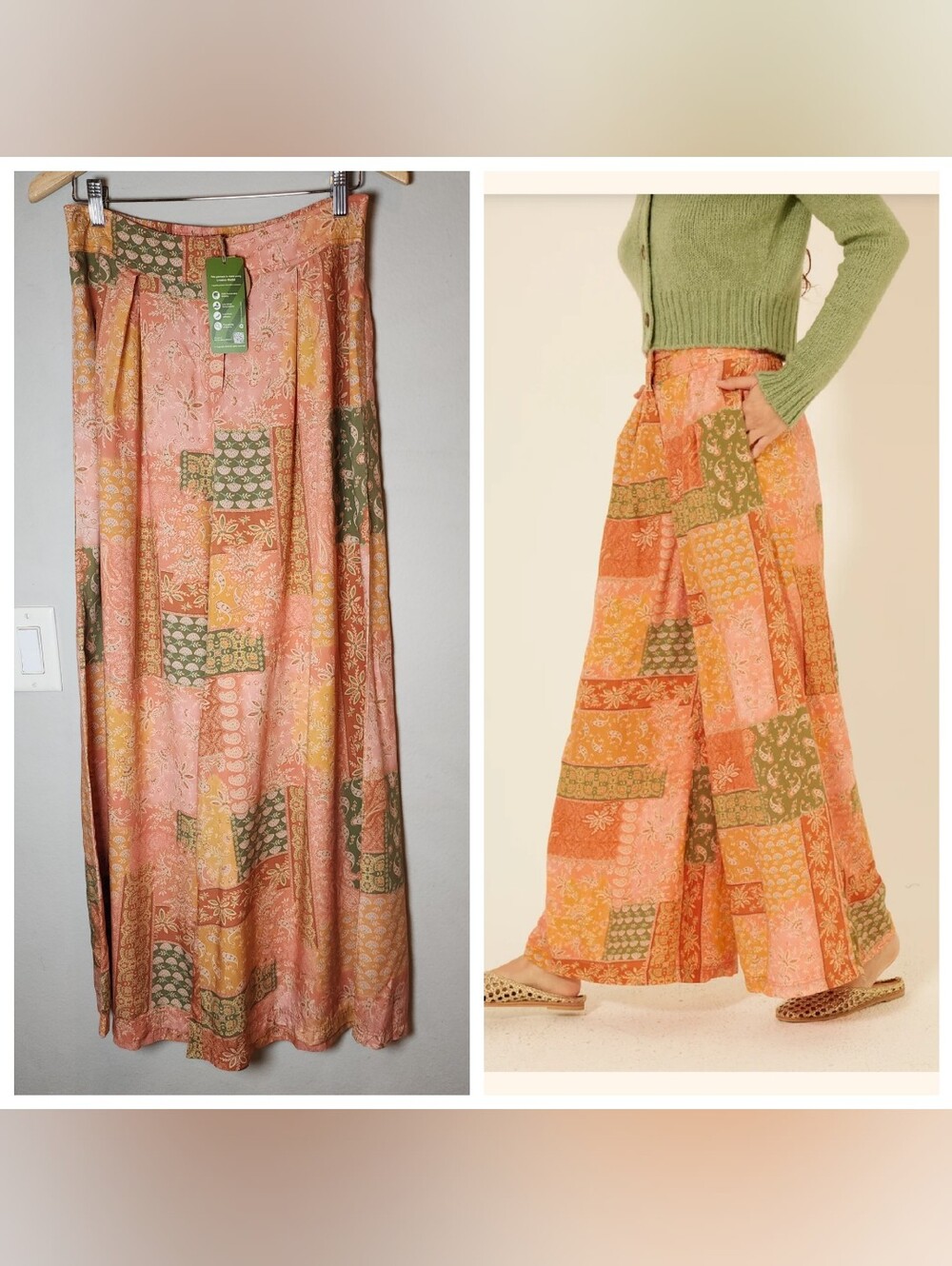 NWT Bila77 Wideleg Ayala Pants Patchwork Paisley Floral Pink Green Large Stretch